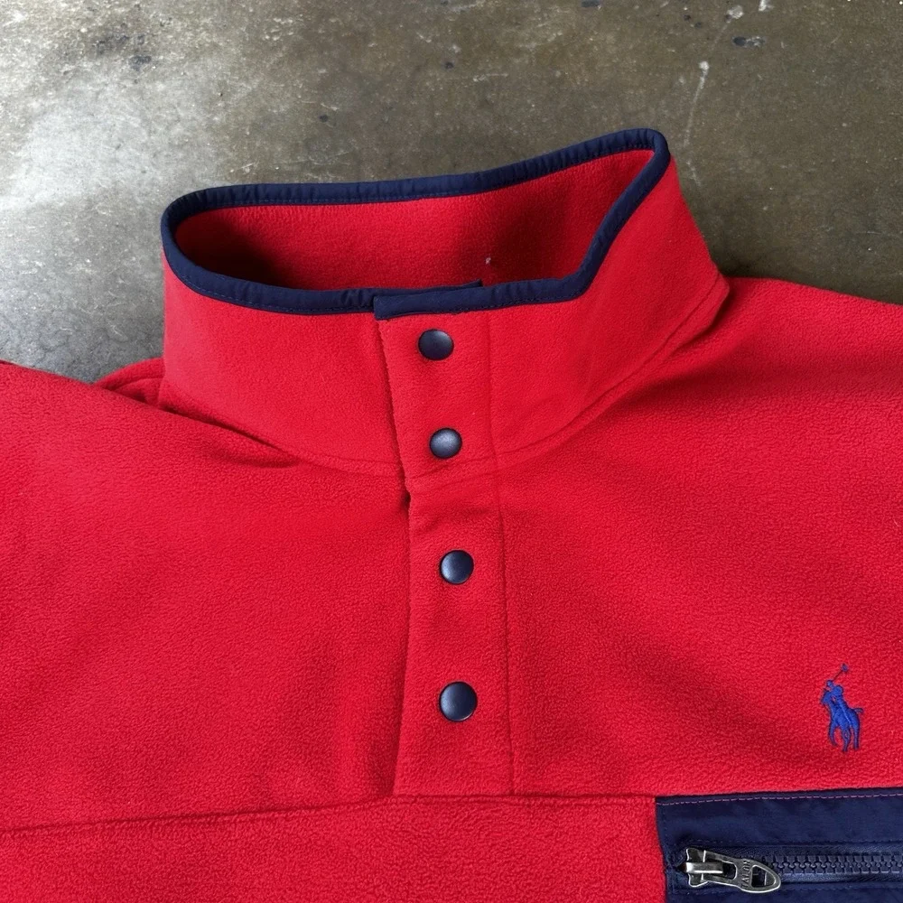Polo Ralph Lauren Pullover Mens 2XB Red Fleece 1/4 Snap Pocket Preppy Mock Neck